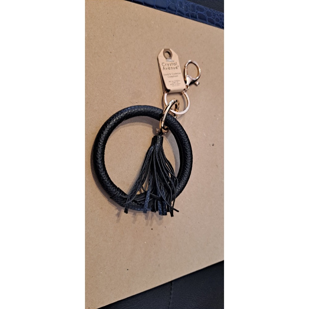 Crystal Avenue Black Curcle Faux Leather Keychain NWT